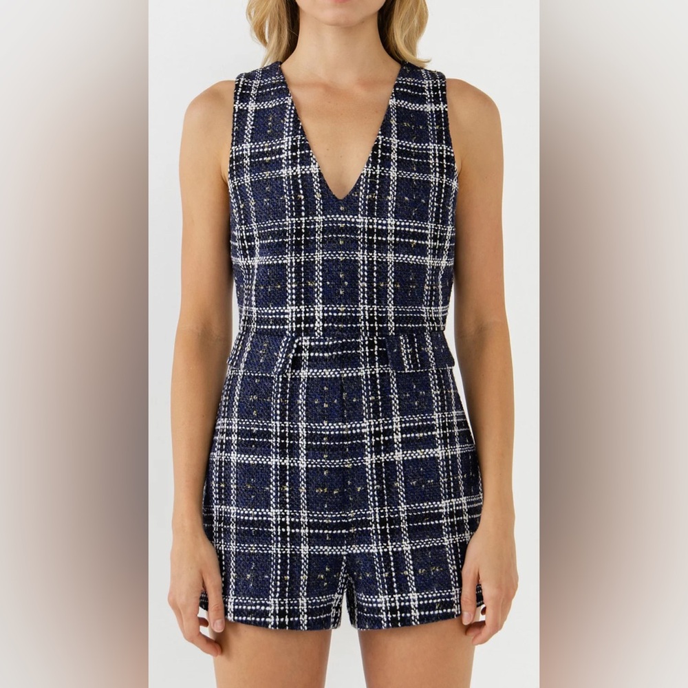 ✨Anthropologie English Factory Blue Tweed Romper Size Small